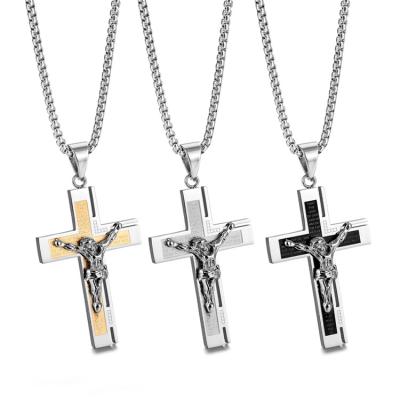 China Silver Chains Engraved Letter Custom Bible Jesus Cross Pendant Necklace Religious Jewelry Men's High End Gift for sale