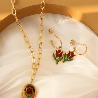 China Korean Fashion High Polishing Design Mounted Flower Enamel Jewelry Stainless Steel Necklace Earring Jewelry Sets for sale