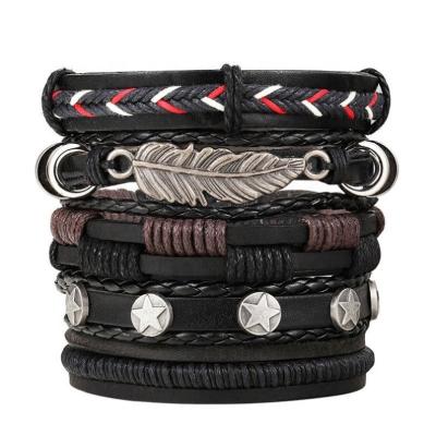 China Vintage Casual / Sporty Leaf Feather Multilayer Leather Bracelet Men Braided Handmade Bracelets and Rope Wrap Bracelets for sale