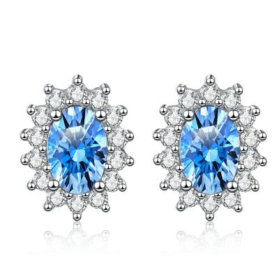 China Nickel-Free Lead-Free Luxury Women Fine Jewelry 925 Sterling Silver Sapphire Blue Oval Cut Moissanite Stud Earrings for sale