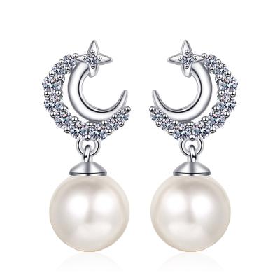 China Nickel-Free Lead-Free High Quality S925 Silver Star Moon Freshwater Pearl Dangle Earring Drop Stud Earrings For Women for sale