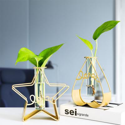 China Minimalist luxury hydroponic gold flower vase living room wedding table glass-metal decoration for sale