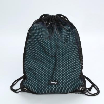 China Custom Black Rope Handle Fashion Polyester Net Fabric Drawstring Backpack Mesh Bag for sale