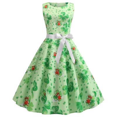 China Breathable St Patrick's Day Dresses For Women Dress Green Leaf Pattern Sleeveless V-Neck Dress for sale