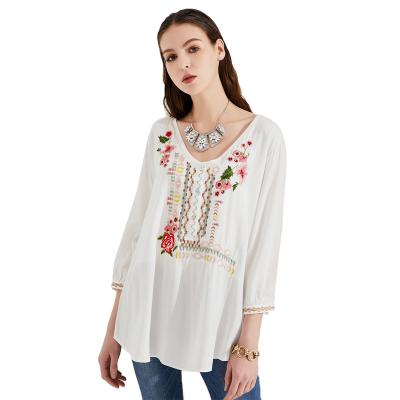 China Causal Loose Anti-Pilling V-Neck 3/4 Sleeve Tunic Floral Ethnic Rural Mexican Shirts Embroidered Blouses for sale