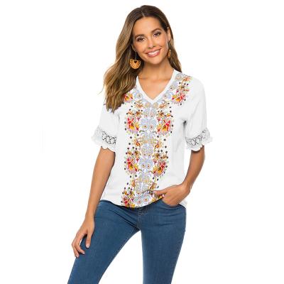 China Anti-pilling Women's Summer Boho V-Neckline Embroidered Mexican Shirts Short Sheath Tops Casual Blouse for sale