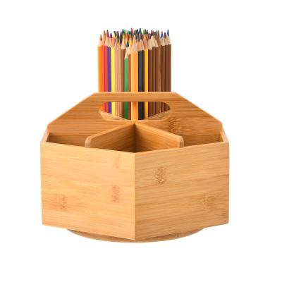 China Wholesale Wood 360-Degree Pen Holder Bamboo Rotating Rotating Multifunctional Desk Organizer for sale