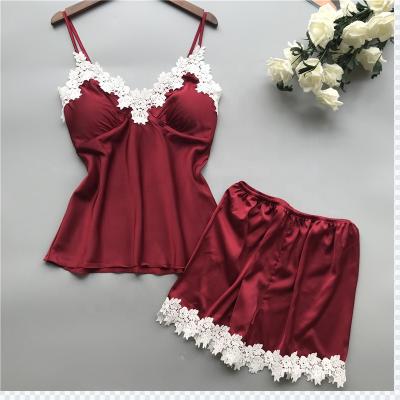 China Women's QUICK DRY Deep High-End Nightwear Sleep Wear Condole Plant V-Belt Silk Shorts Pajamas for sale