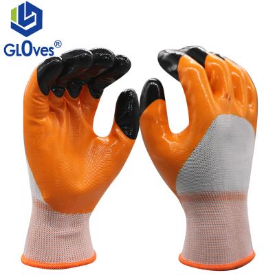 China Oil Resistant LGSAFETY EN388 13 Gauge Nylon Knit Nitrile Yellow Finger Reinforced Black Coated Non Slip Wear Resistant Work Gloves for sale