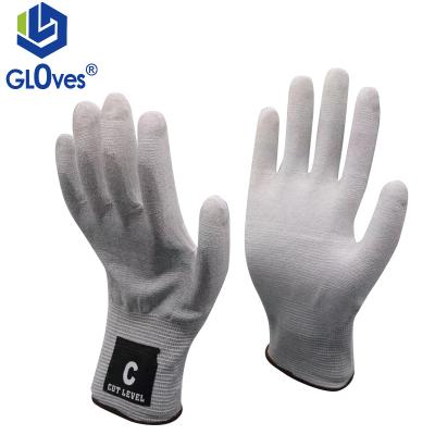 China LGSAFETY 18 Gauge C Comfortable Grade HPPE Cut Heavy Duty Yarn PU Coated White Fiber Gray Cutting Gloves Chef Gloves PU Carbon Fiber for sale