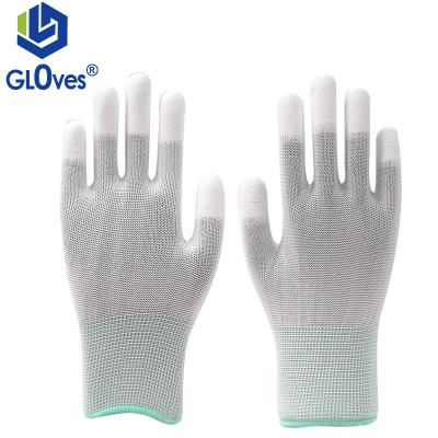 China LGSAFETY 13 Gauge Breathable White Nylon Polyurethane Soaked Finger PU Work Gloves Palm Work Gloves Antistatic Suitable CE EN388 for sale