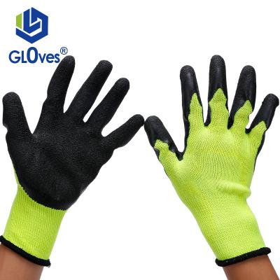 China LGSAFETY breathable knitted polyester cotton black fluorescent yellow latex crinkle palm and thumb safety gloves garden work gloves indust for sale