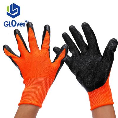 China LGSAFETY 13 Gauge Orange Polyester Breathable Polyester Crinkle Black Coated Crinkle Construction Work Gloves Unisex Universal Construction Warehou for sale