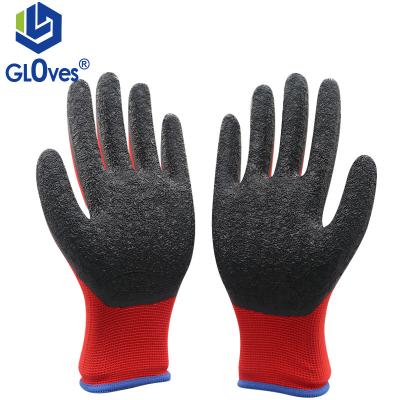 China Universal 13 Gauge Wear Resistant LGSAFETY Red Nylon Palm Striped Coated Black Latex Crinkle Yard Work Gardening Gloves for sale