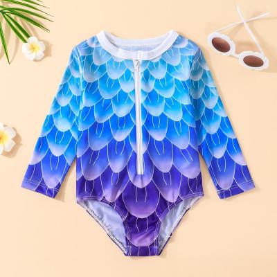 China Breathable One Piece Long Sleeve Zipper Fish Scale Pattern Baby Kids Costume Mermaid Swimwear for sale