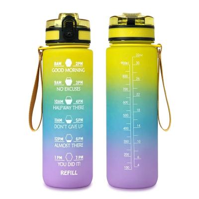 China Sustainable Gradient Color 32 Ounce Sports Water Bottle Marker BPA Free Motivational Water Bottle With Time Marker Straw for sale