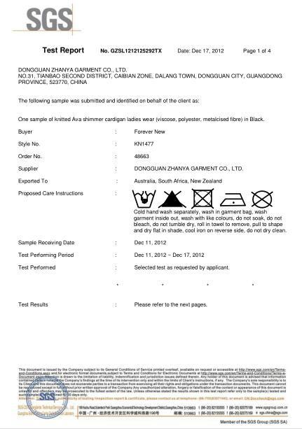 SGS test report - Dongguan Zhanya Knitwear Corporation Limited