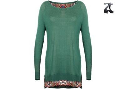 China Casual Long Women's Pullover Sweater with Printed Chiffon Hem Solid Green Color for sale