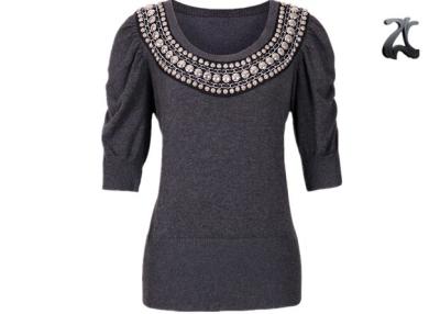 China Soft Gray Ladies Knit Pullover Sweater With Half Shirring Sleeve / Beaded Round Neck for sale