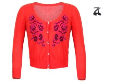 China Cotton Short Womens Shrug Sweater , Red Shrug Cardigan Sweater With Embroidered Flowers for sale