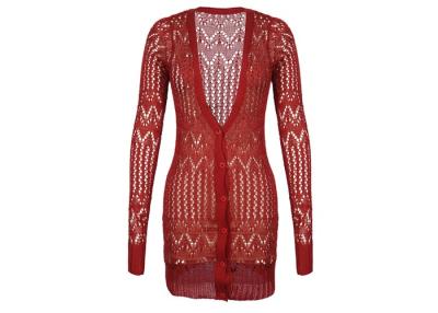 China Red Women's Knit Cardigan Sweaters With Lace Knitting , Long Ladies Button Up Cardigans for sale