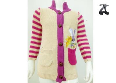 China Girls Cotton Cardigan Knit Sweater Striped Sleeves Stand Up Collar Soft and Warm for sale