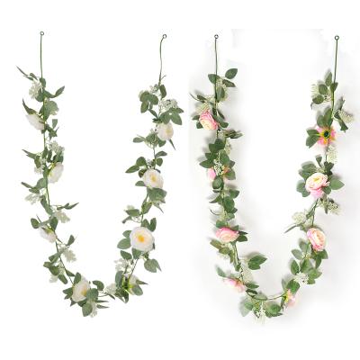 China Modern romantic pink rose home decoration artificial silk vine wedding garland plant flower wall hanging rattan for sale