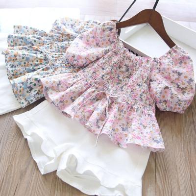 China Fashion Sweet Girl's Summer Clothing Set Floral 2pcs Blouse and Embroidered Shorts Fit Chiffon Babies Clothes Set for sale