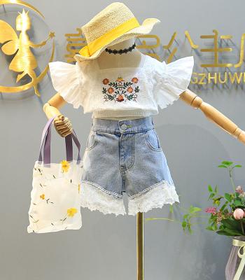 China 2021 Hot Girls Summer Dress 2pcs Set Casual Embroidered Shirts And Denim Shorts Suit Kids Fashion Clothing Set for sale