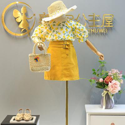 China New Design Sweet Girl's Summer Dress Set 2pcs Flower Printing Puff Sleeves Sweet Top and Denim Skirt Costume Kids Dress Set for sale