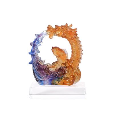 China Advance Crystal Business Gift Carp Fish of Japan Liuli jump over Dragon Gate Feng Shui Sculpture for sale