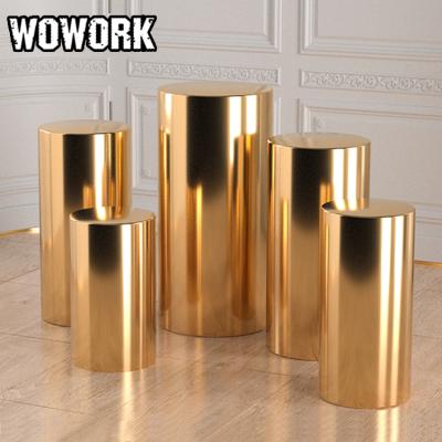 China Wholesale Waterproof 2021 WOWORK Fushun Gold Round Pedestal Wedding Stage Pillars Decoration Iron Cylinder Pedestsl For Party for sale