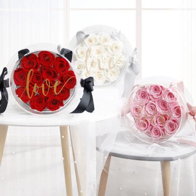 China UO Romantic Gorgeous Preserved Natural Rose A Class Of Roses Preserved Forever Rose In Round Acrylic Box For Valentine's Day Gifts for sale