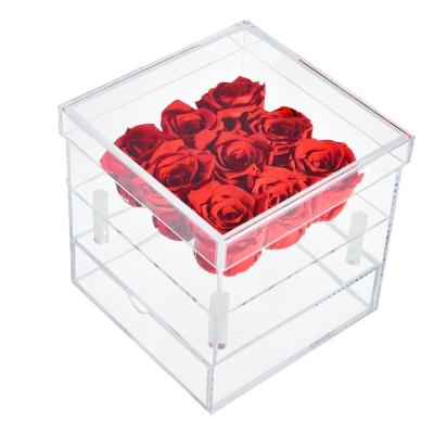 China Romantic Gorgeous Preserved Transparent Clear Acrylic Boxes UO Square Jewelry Boxes Of Roses Set Storage For Rose For Valentine's Day Gifts for sale