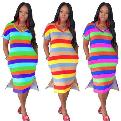 China Summer Breathable Knitting Striped African Print Midi Dress For Women Plus Size Casual Dress Shirt Dress for sale