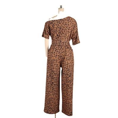 China 2021 Summer Short Sleeve Leopard Print Loose Leg Breathable Wide Leg Pants With Belt Women's Overalls for sale