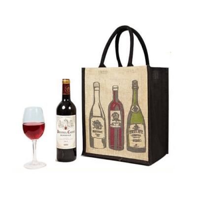 China Sacolas feitas sob encomenda portáteis para o vinho da garrafa, sacos de compras pretos da juta impressos à venda