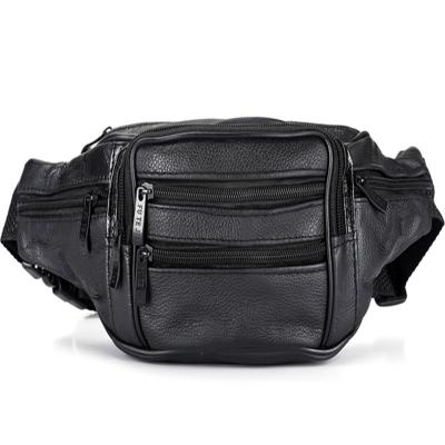 China Black Men Leather Travel Waist Bag Lining 210 D 4 Zipper Pocket Adjustable Strap for sale