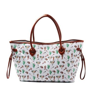 China Womens Printed Large Canvas And Leather Tote Bags With Compartments for sale