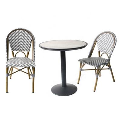 China Outdoor Ceramic Metal Minimalist French Bar Balcony Bistros Garden Dining Table 2 Chair Set for sale