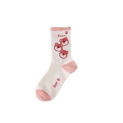 China Strawberry Pink Bear Breathable High Quality Goods Using Various Custom Logo Women's Socks Custom Made Custom Socks for sale