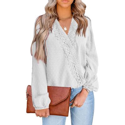 China Wholesale Breathable V-Neck Lace Ball Fur Chiffon Lantern Sleeve Blouse Tops Fashion Shirt Tops For Women 2022 for sale