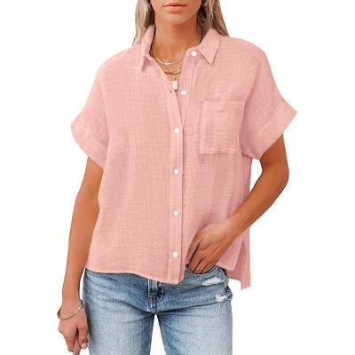 China Summer New Breathable Loose Button Blouses Shirt Short Sleeve Cotton Canvas Plus Size Women's Blouses Tops for sale