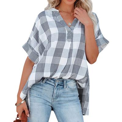 China Ladies Breathable V-Neckline Short Sleeve Striped Blouses And Slim Loose Plaid Shirts Plus Size Women's Blouses for sale