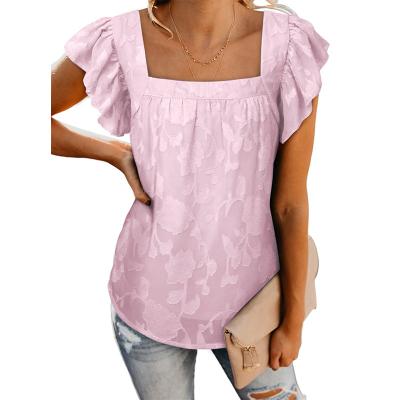 China Breathable Floral Textured Knit Plus Size Chiffon Flare Square Sleeve Blouses Womens Blouses And Shirts For Women for sale