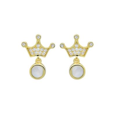 China Vintage Tiny Yellow Gold Plated 925 Sterling Pave CZ Crown Stone Pearl Stud Earrings For Women for sale