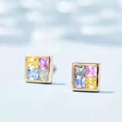 China Small Cute Tiny Solid 18K Gold Square Colorful Rainbow Crystal Stud Earring For Women for sale