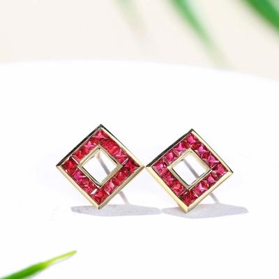 China Cute Natural Red Ruby Geometric Square Small Gold Stud Earrings 18K Women Jewelry for sale