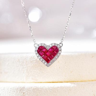 China Cute Trending Tiny Invisible Ruby And Diamond Pendant AU750 18K White Gold Heart Set Necklace for sale