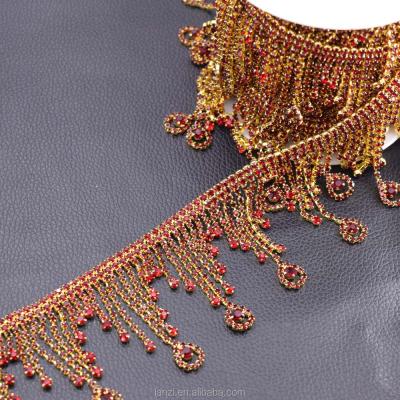 China Flatback Sewing Siam Tassel Fringe Trimming Applique Bridal Red Rhinestone Patch For Wedding Dress DIY Sash To Sew On for sale